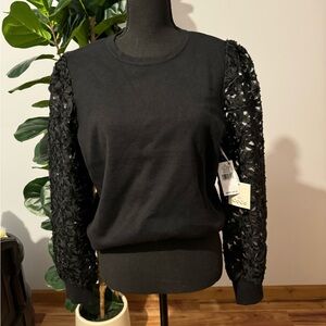 Cece Black Sweater with Lace Sleeves